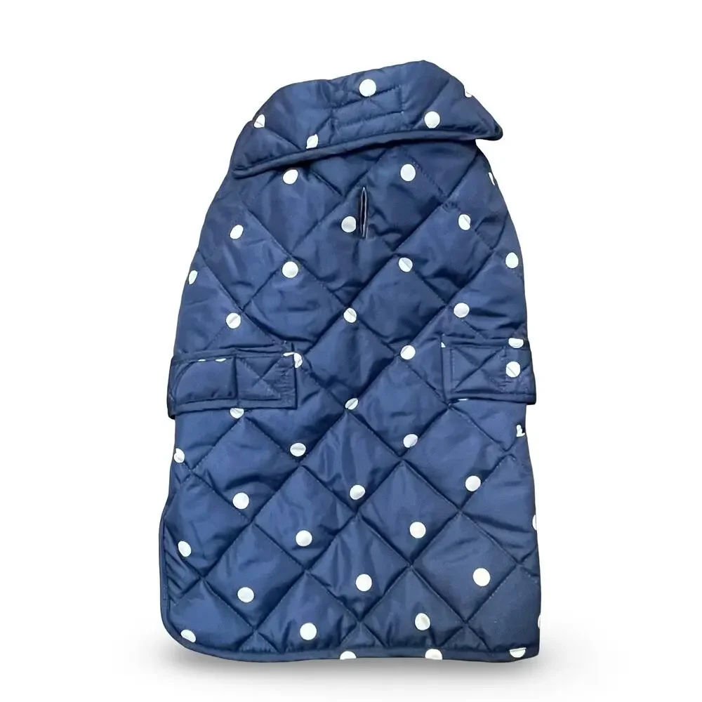 St. John's Bark Dog Jacket Blue White Polka Dot Quilted Winter Coat Size Medium